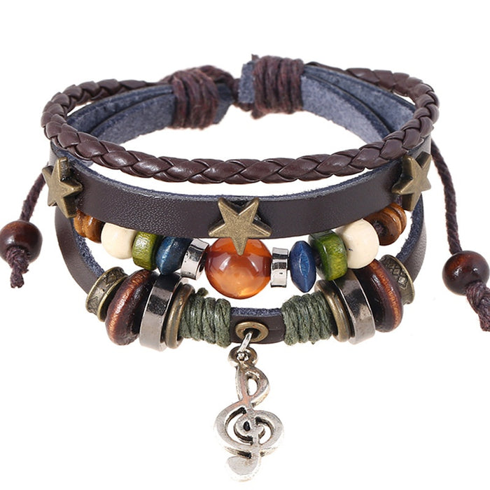 Simple Multi Layer Beaded Leather Bracelet With Music Note Charm Festival Wristband