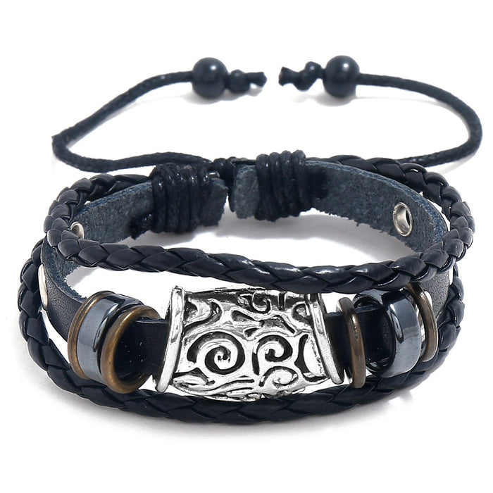 Vintage Braided Beaded Cowhide Leather Bracelet Creative Trendy Mens Wristband Jewelry