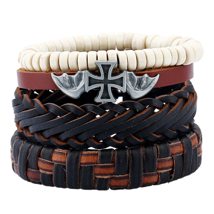 Vintage Braided Genuine Cowhide Leather Bracelet Set For Men, European American Style Wristband