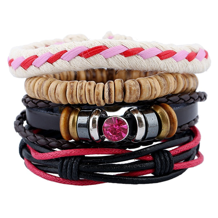 Vintage Braided Leather Bracelet DIY Four Piece Set, Coconut Shell Combination Wristband Jewelry