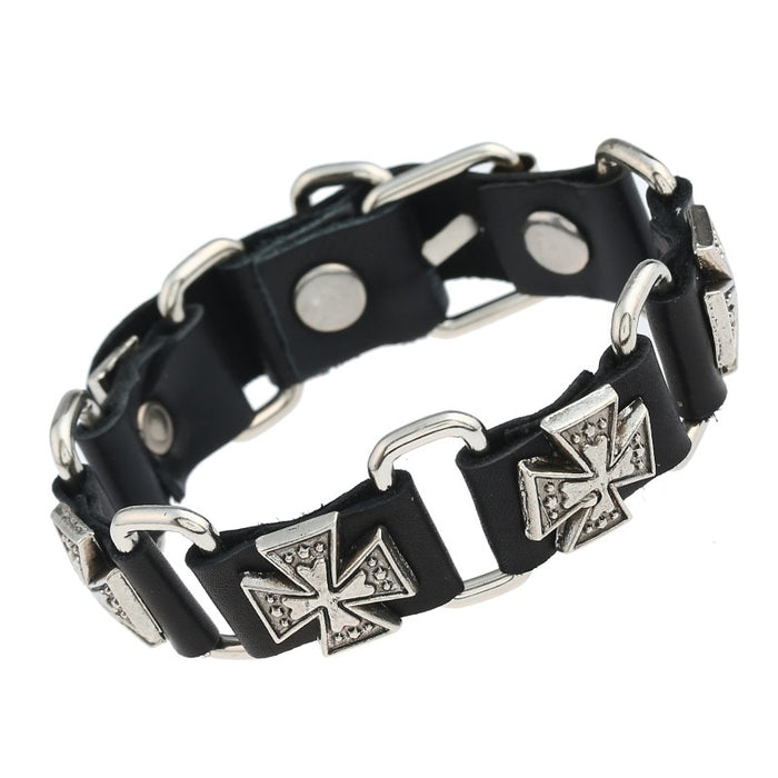 European American Trendy Punk Cowhide Leather Link Bracelet Street Style Combo Bangle