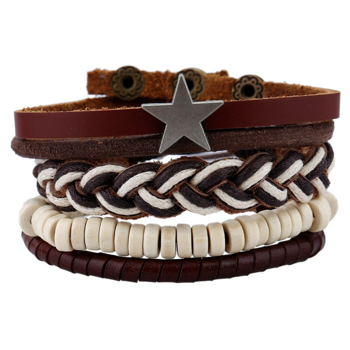 Vintage Multilayer Braided Genuine Cowhide Leather Bracelet Set, Men's Wrist Rope Wristband