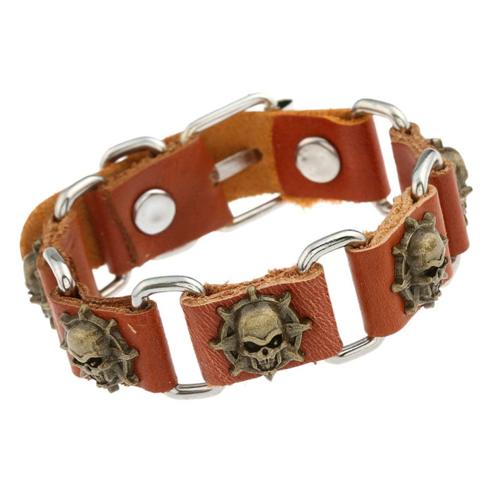 Vintage Adjustable Leather Link Bracelet Punk Skull Head Cuff Bangle For Men