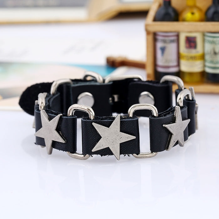 Men's Punk Genuine Leather Bracelet With Five Point Star Charm, European American Jewelry
