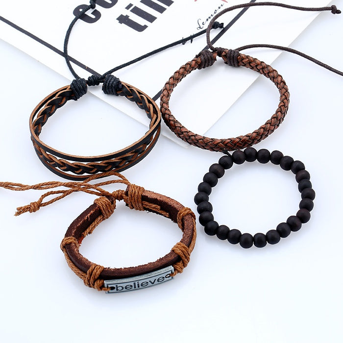 Hot Selling Believe Set Men's Cowhide Leather Bracelet European Vintage Braided DIY Wristband