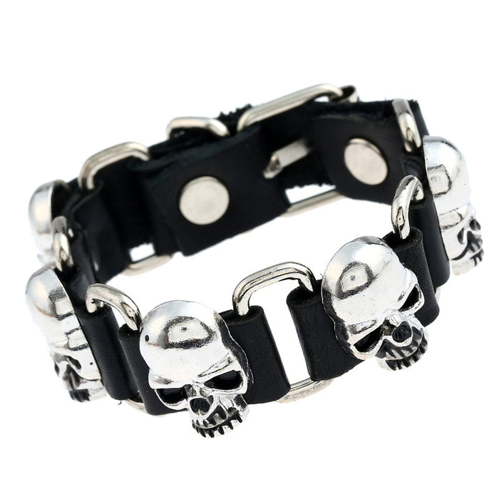 Punk Hip Hop Cowhide Leather Bracelet With Skull Head Charm For Men And Women
