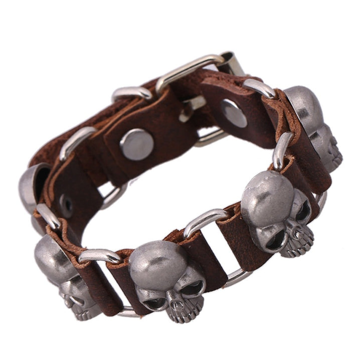 Punk Genuine Leather Connector Bracelet With Skull Head Charm Cowhide Korean Style Jewelry