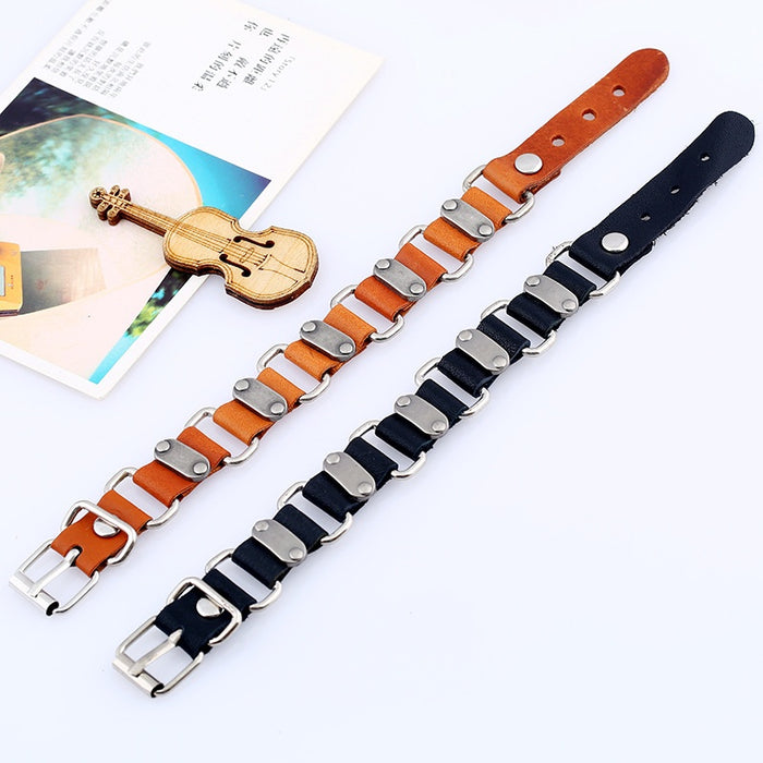 Punk Hip Hop Connected Cowhide Leather Bracelet Unisex Vintage Street Performance Accessory
