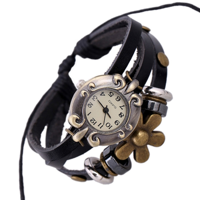 Retro Genuine Leather Bracelet Watch With Cowhide Strap Handmade Beaded Unisex Wristband