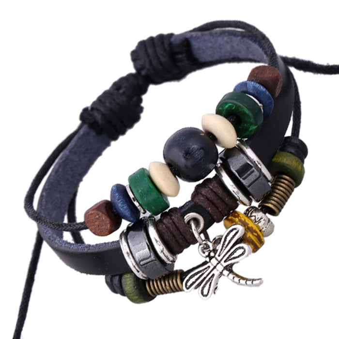 Handmade Beaded Leather Bracelet With Dragonfly Pendant Adjustable Women Wrist Jewelry