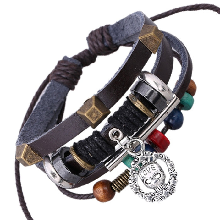 Punk Genuine Leather Beaded Bracelet Korean Japanese Style Cowhide Wrist Jewelry