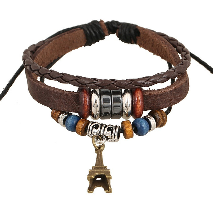 New Vintage Beaded Cowhide Leather Bracelet With Small Iron Tower Pendant
