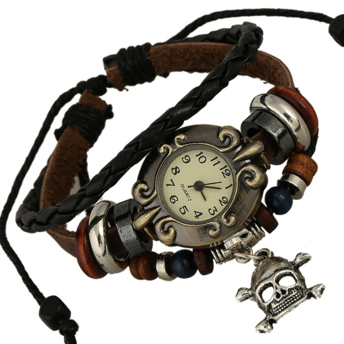 Genuine Leather Bracelet Watch With Vintage Cowhide Strap And Handmade Beaded Unisex Wristband