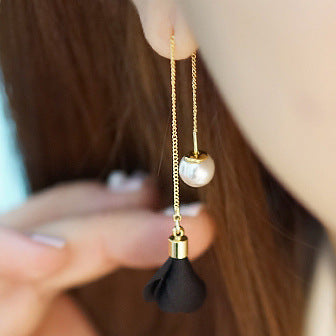 Fabric Flower and Pearl Look Threader Earrings in Six Colors