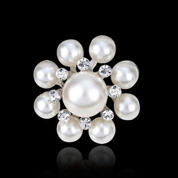 White Pearl Look Flower Brooch with Clear Sparkling Accents