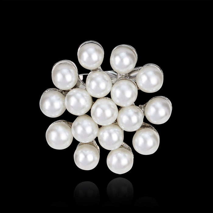Black Silver Tone Flower Crystal Pearl Look Metal Brooch Pin
