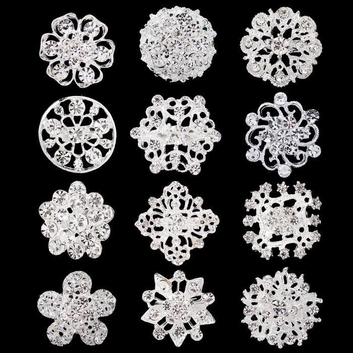 Black Silver Tone Flower Crystal Three Designs Metal Brooch Pin