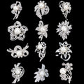 Black Silver Tone Pearl Floral Assortment Crystal Pearl Look Metal Brooch Pin view 1