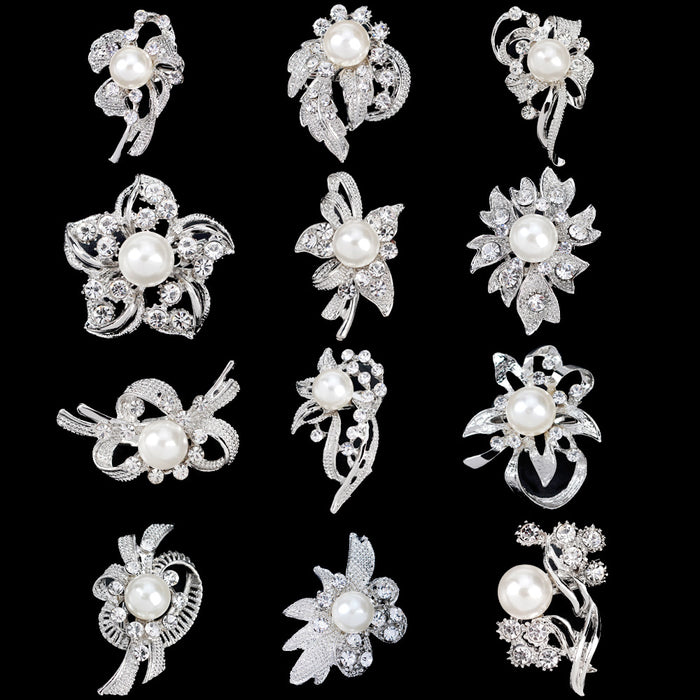 Black Silver Tone Pearl Floral Assortment Crystal Pearl Look Metal Brooch Pin