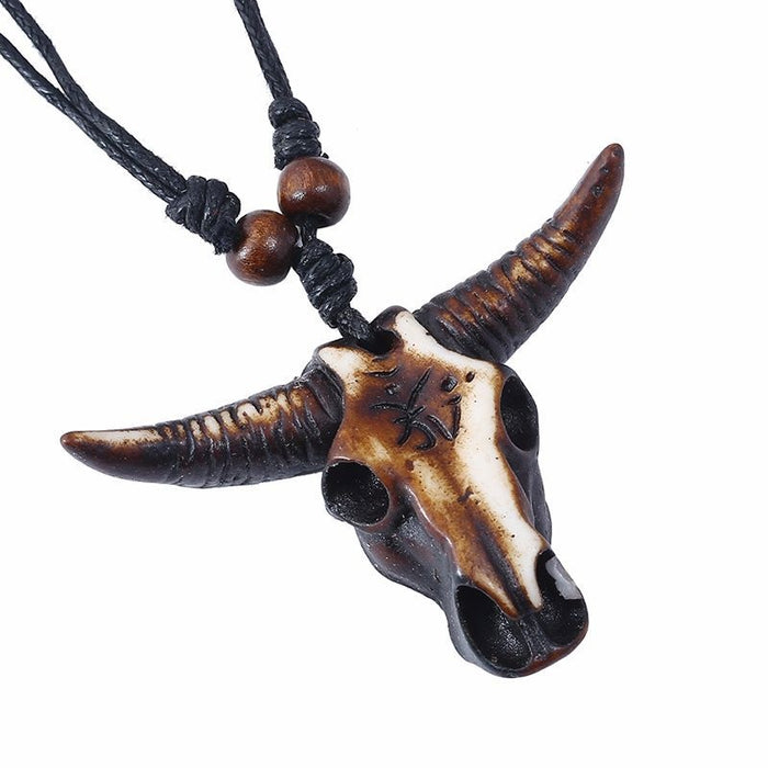Vintage Resin Bull Head Pendant Necklace Ethnic Tourist Souvenir Sweater Chain Jewelry
