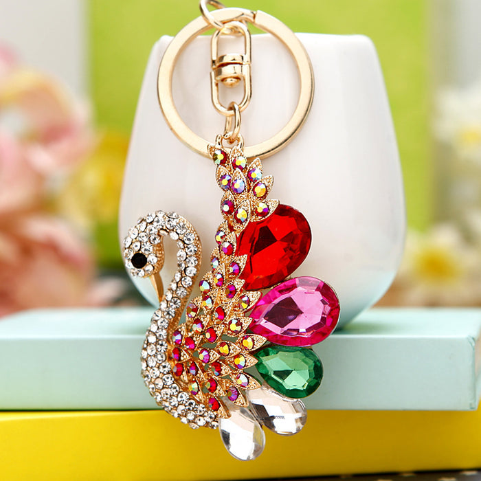 Multicolor Jeweled Swan Keychain With Faceted Wing Stones