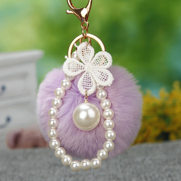 Faux Fur Pom Pom Keychain Collection With Pearl and Floral Charms