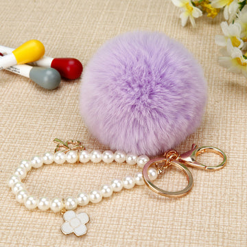 Pearl Loop Plush Pom Pom Keychain with White Clover Charm