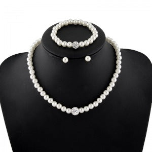 White Pearl Look Necklace Bracelet and Stud Earring Set
