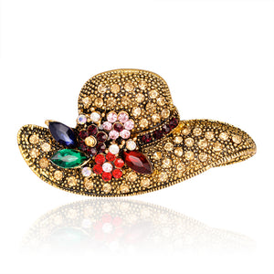 Wide-Brim Antique Gold-Tone Hat Brooch Pin with Crystal Flowers