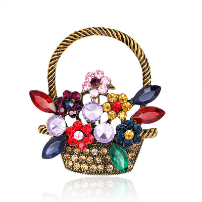 Front product view of the flower basket brooch pin in gold and red