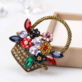 Red Gold Tone Flower Basket Crystal Metal Brooch Pin view 3