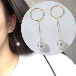 Brass Hoop Drop Earrings with a Bar and Pearl, Gold or Silver