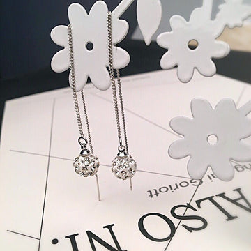 Silver White Clear Look Ball Long Threader Earrings