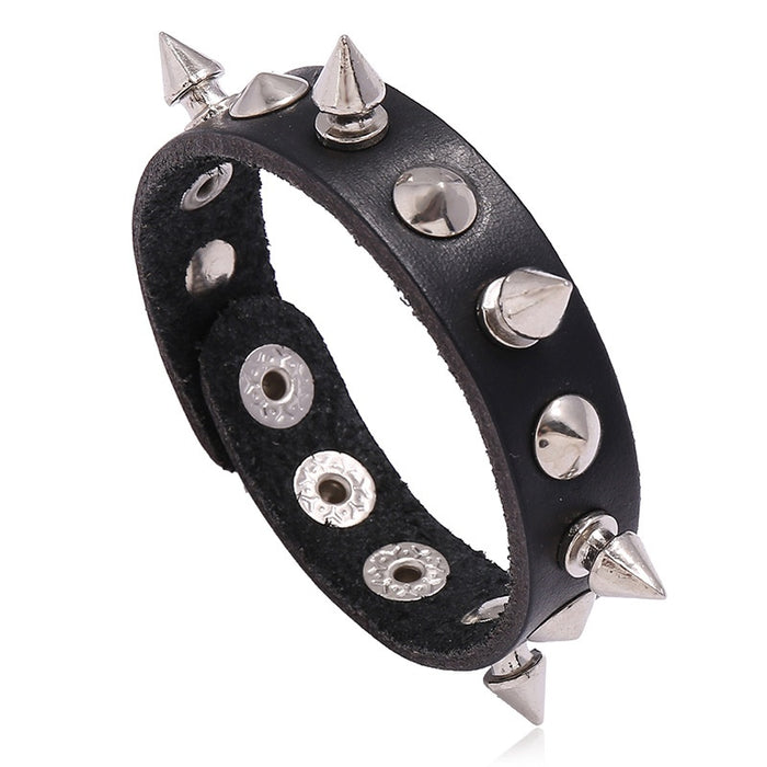 European American Punk Rivet Cowhide Leather Bracelet With Alloy Bullet Charms For Nightclub Style