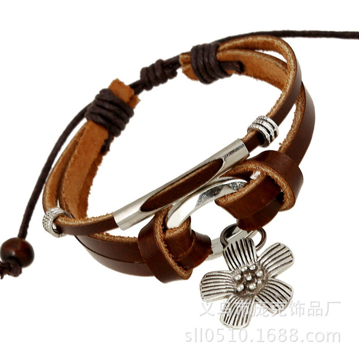 Punk Ethnic Handmade Vintage Cowhide Leather Bracelet With Alloy Flower Charm