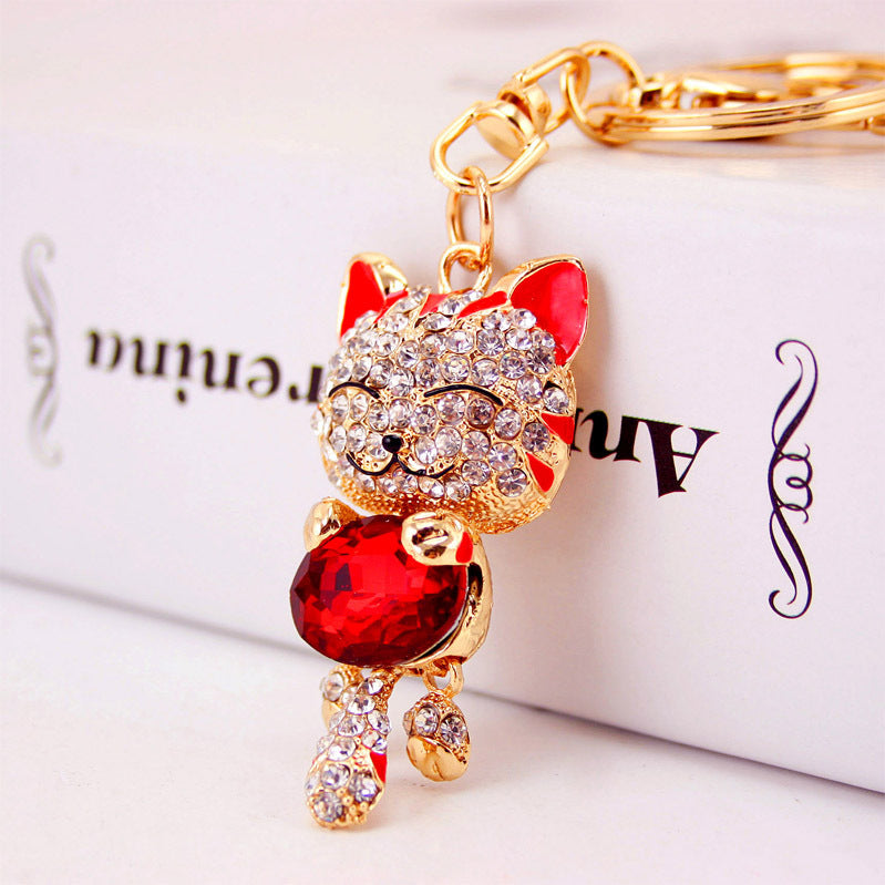 Rhinestone Lucky Cat Keychain Cute Kitten Metal Bag Charm for Car Keys