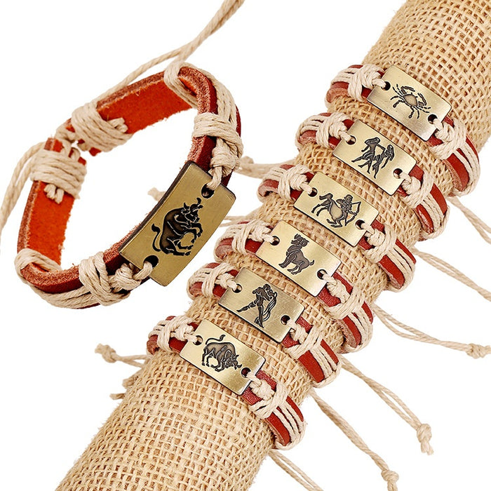 Antique Bronze Alloy Twelve Zodiac Genuine Leather Bracelet Fashion Personalized Gift