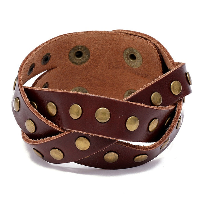 European American Vintage Punk Cowhide Leather Bracelet With Three Row Rivets For Men Bar Street Dance Jewelry