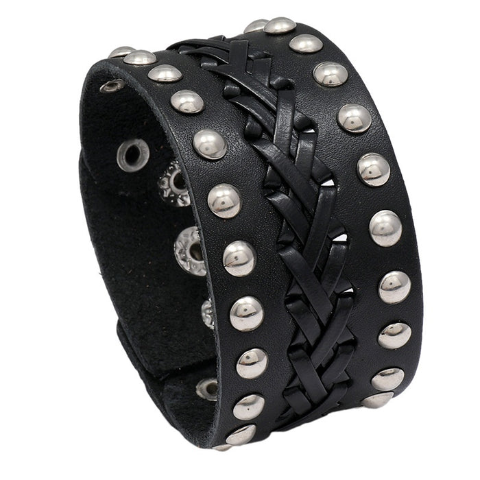 European American Vintage Braided Cowhide Leather Bracelet Punk Style Men's Cuff Bangle Jewelry