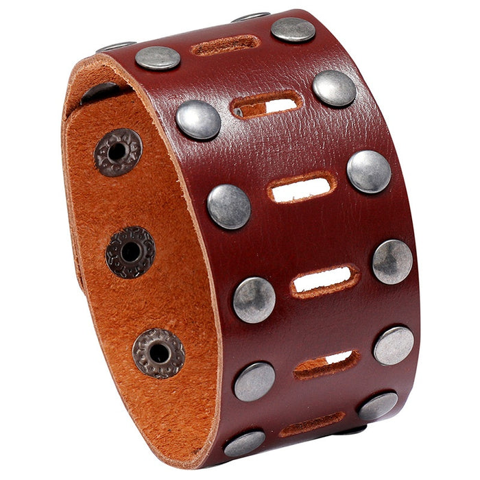 European American Double Row Studded Cowhide Leather Bracelet For Men Retro Punk Biker Wristband