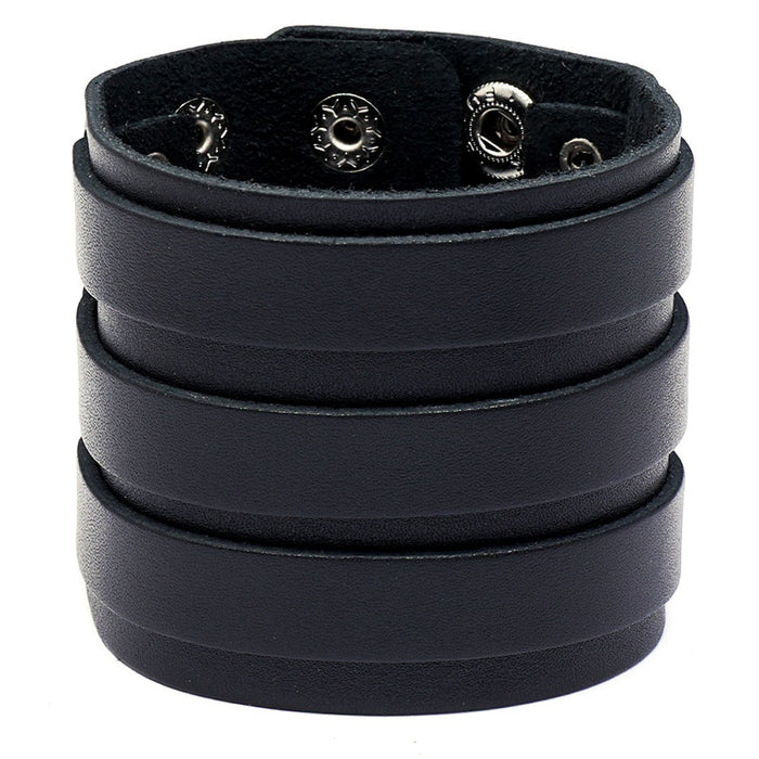 European American Vintage Wide Cowhide Leather Cuff Multi Layer Punk Rock Bracelet For Men