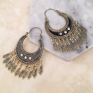 Silver Tone Crescent Fringe Statement Long Hook Earrings