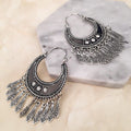 Silver Tone Crescent Fringe Statement Long Hook Earrings view 6