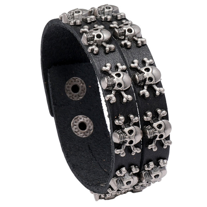 Retro Punk Double Row Skull Cowhide Leather Bracelet For Men European Fashion Jewelry