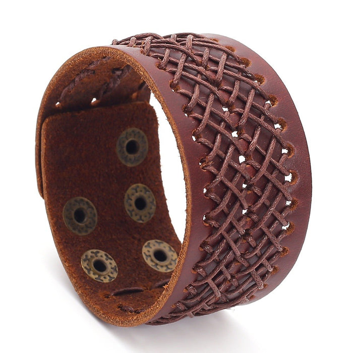 Vintage Braided Wide Cowhide Leather Bangle Bracelet For Men Rock Fashion Accessories