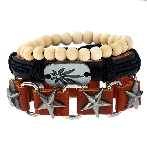 Vintage Alloy Five Point Star Braided Cowhide Leather Bracelet Set For Cross Border Jewelry