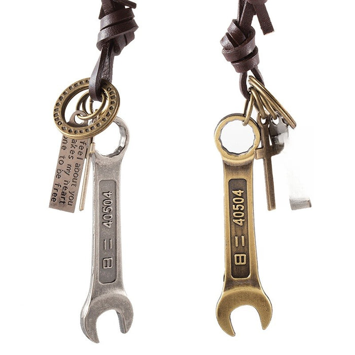 Adjustable Long Cowhide Leather Necklace With Alloy Wrench Pendant For Men