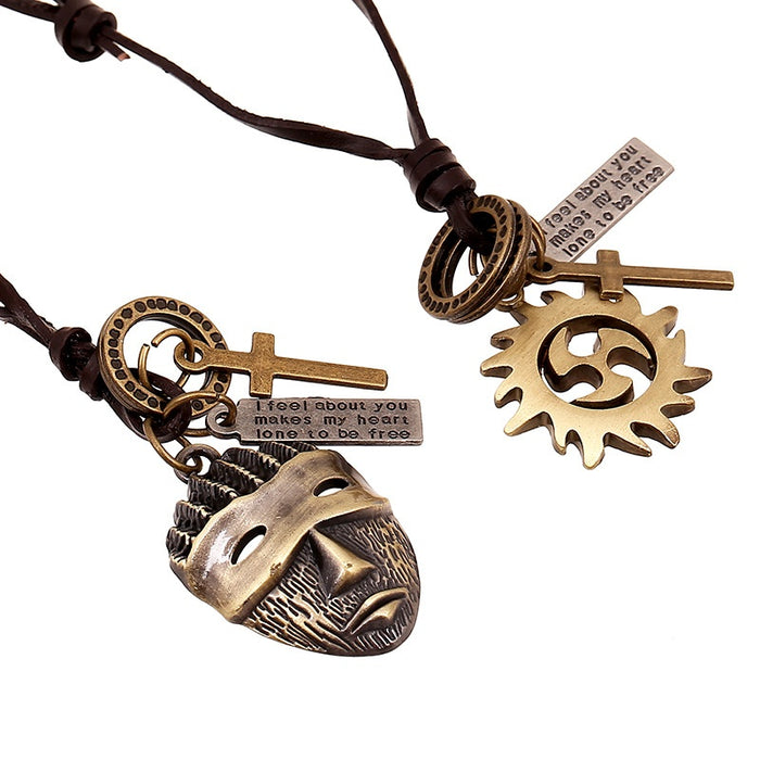 Vintage Genuine Leather Cowhide Long Necklace With Portrait Wind Fire Wheel Pendant