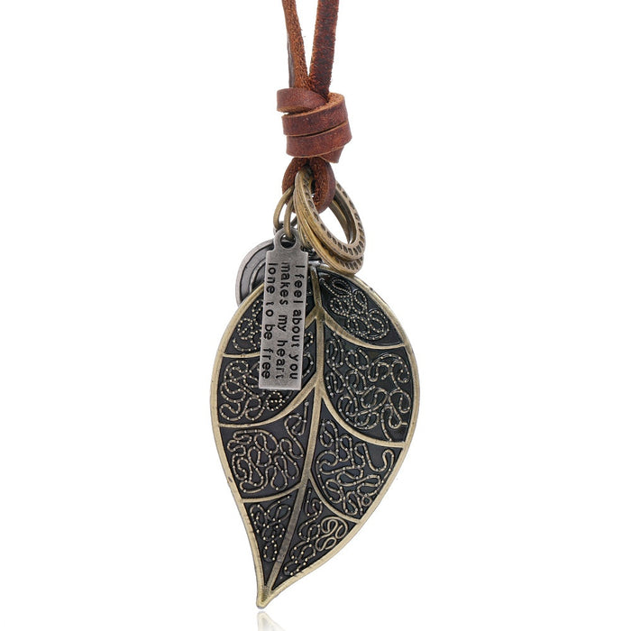 European Style Antique Large Leaf Pendant Unisex Cowhide Leather Necklace