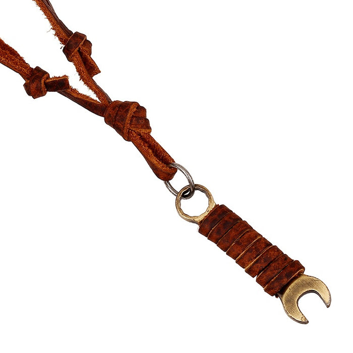 Vintage Alloy Wrench Pendant Top Grain Cowhide Genuine Leather Necklace